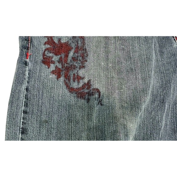 Y2K Black Baggy Jeans Mens 44 Red Dragon Print Faded Grunge Vintage Distressed - Picture 5 of 16